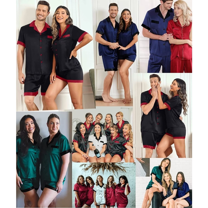 SWOMOG Couples Matching Pajama Set Silk Satin Short Sleeve Pjs Set Top and Shorts Sleepwear Soft Button-Down Loungewear - Image 5